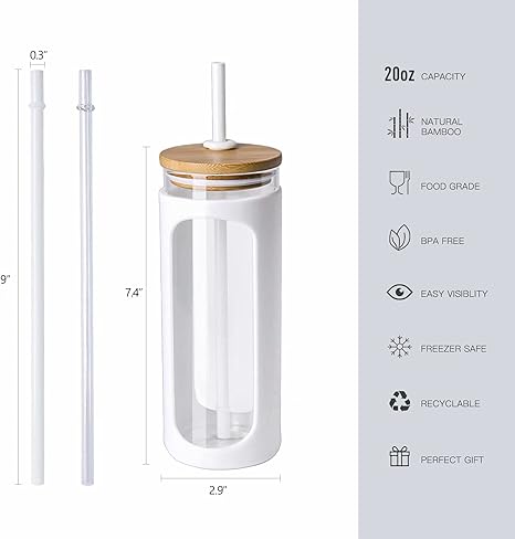 Photo 1 of ***MISSING SILICONE SLEEVE***Kodrine 20oz Glass Water Tumbler with Straw and Lid, Bamboo Lids Water Bottle, Iced Coffee Cup Reusable, Wide Mouth Smoothie Cups with Protective Silicone Sleeve BPA FREE-White
