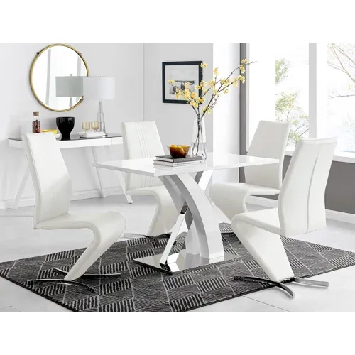 Photo 1 of ****MISSING BOX 1 OF 3, THERE ARE ONLY TWO BOXES***Edzard Chrome & White High Gloss Dining Table Set with 4 Luxury Faux Leather Dining Chairs