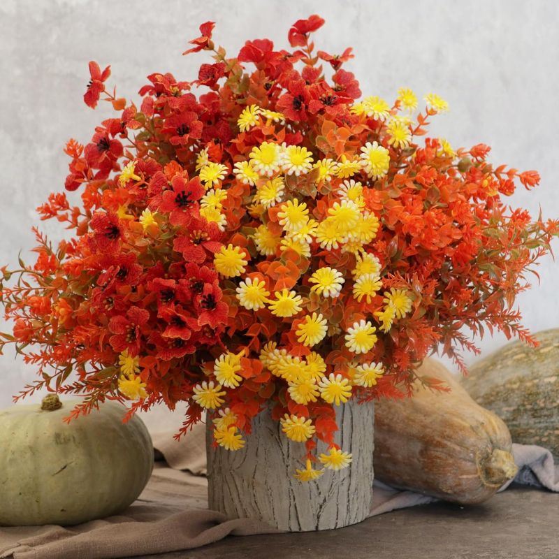 Photo 1 of 16 Bundles Artificial Fall Flowers for Outdoors, Fake UV Resistant Plants Faux Plastic Shrubs Fake Greenery for Garden Patio Decor Window Box Hanging Planter Pathway Front Porch (4 Styles Orange)