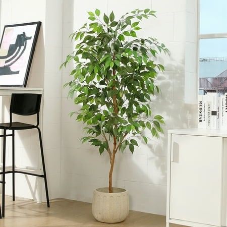 Photo 1 of 5FT Artificial Ficus Tree with Natural Wood Trunk and Lifelike Leaves Silk Fake Potted Tree with Wood Branches Faux Tree for Office Home Decor
