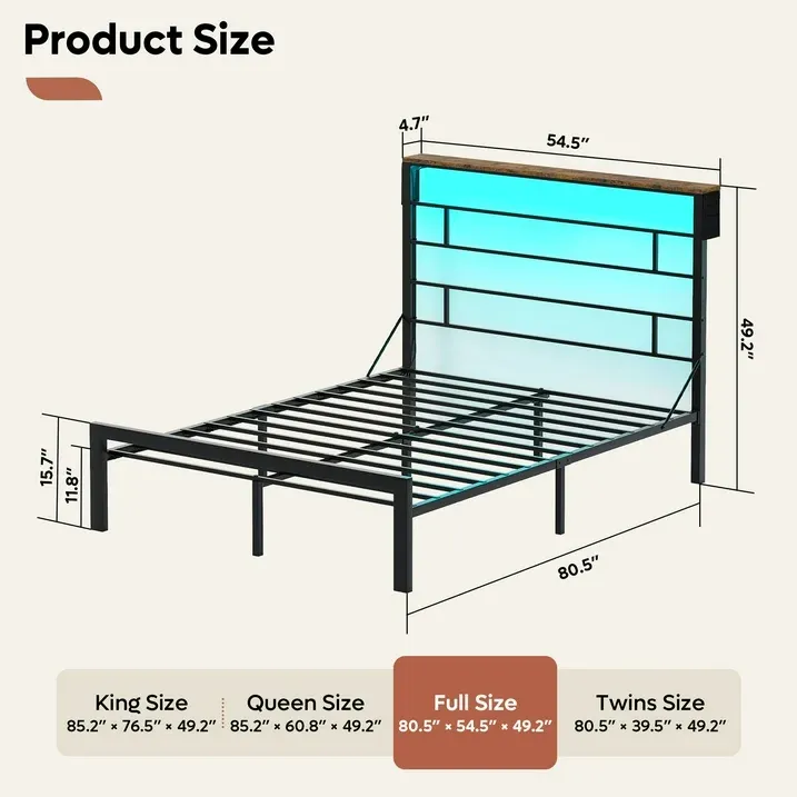 Photo 1 of Bestier Full Size Bed Frame with 49.2" High LED Storage Headboard Shelf, Metal Platform Bed, Black