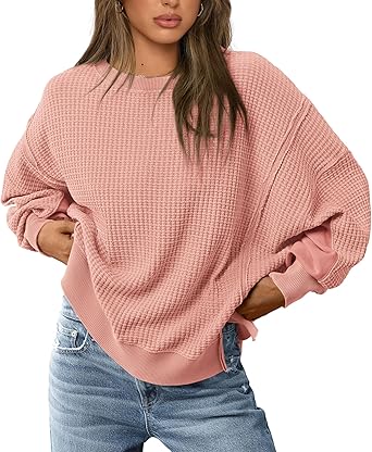 Photo 1 of ANRABESS Womens Long Sleeve Shirts Oversized Waffle Knit Casual Loose Crewneck Pullover Sweater 2025 Fall Tunic Tops Coral Large