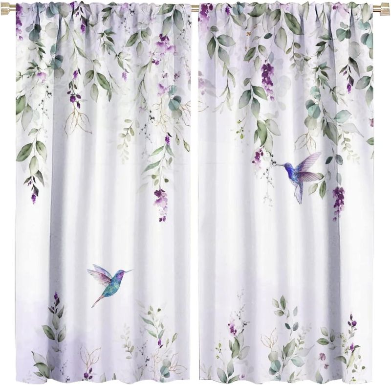 Photo 1 of Abstract Eucalyptus Hummingbird Rod Pocket Blackout Curtains,Thermal Insulated Room Darkening Watercolor Purple Eucalyptus Floral Hummingbird Window Treatment,2 Panels 26W X 29L
