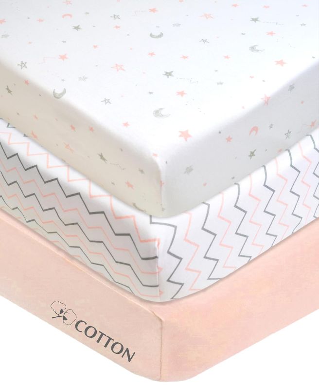Photo 1 of ***MISSING ONE SHEET***merican Baby Company 3 Pack Fitted Mini Crib Sheet 24" x 38", Soft Breathable Neutral 100% Cotton Jersey Portable Sheet, Pink Star/Zigzag, for Boys and Girls, Fits Most Pack N Play Mattresses