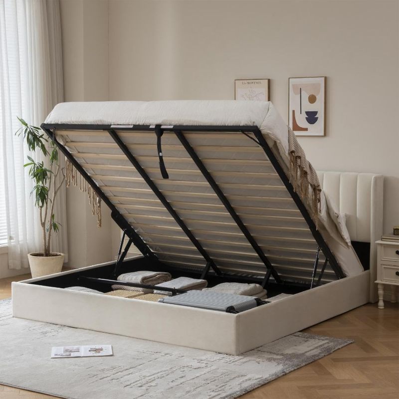 Photo 1 of Allewie Queen Size Velvet Lift Up Storage Bed, Modern Wingback Headboard, Hydraulic Support, No Box Spring Needed, White