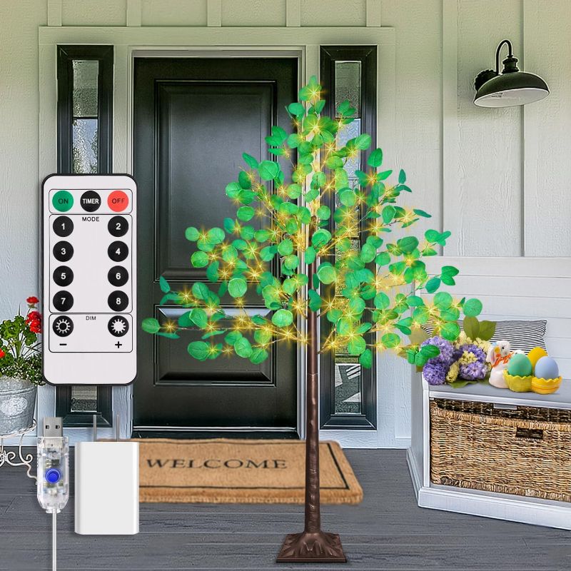Photo 1 of  Lighted Eucalyptus Tree with 240pcs Lights, Prelit Eucalyptus Tree with 8 Flashing Modes and Timer, Came with 320pcs Artificial Eucalyptus Leaves, LED Eucalyptus Tree for Easter Spring Decor.