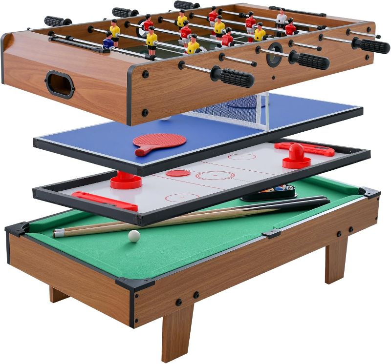 Photo 1 of 4-in-1 Combination Game Table, with Soccer, Hockey, Billiards, Table Tennis, Perfect for Game Room, Family Night, Wood Foosball Game Table Top