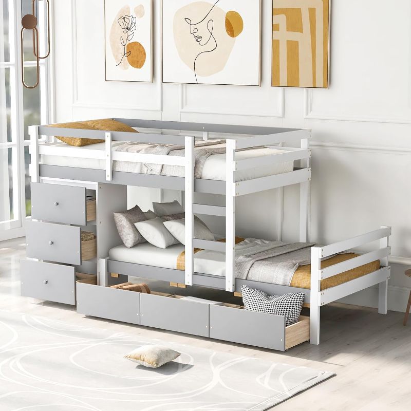 Photo 1 of ****ONLY BOX 1 OF 2*****Twin Over Twin Bunk Bed Kids Bunk Bed Frame Solid Wood Bunk Beds with 6 Drawers, Ladder and Safety Rail for Kids, Boys and Girls, Teens, No Box Spring Needed (Grey)
