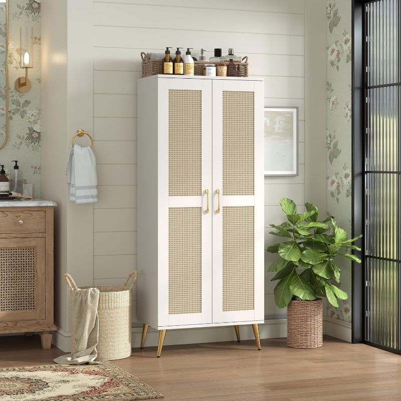Photo 1 of 57" Tall Storage Cabinet with 2 Rattan Doors, Wooden Floor Cabinet with Adjustable Shelves for Bathroom/Kitchen/Living Room, Freestanding Pantry, Metal Handle, Anti-Tipping Device, White