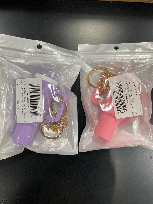 Photo 1 of 2 Pack, CCIJESW Mini Tumbler Keychain Accessories for Stanley Cup, Cute Cup Keychain Chapstick Holder for Women Girl Backpack -Purple, Pink