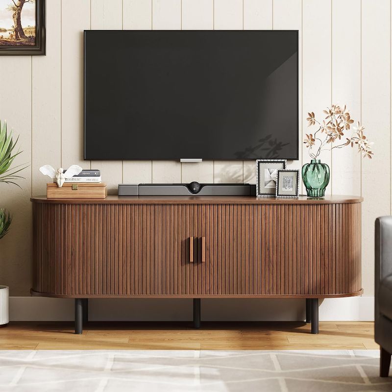 Photo 1 of ==SIMILAR==55" TV Stand with Power Outlet for TVs up to 60 Inch, Entertainment Center with Storage and Adjustable Shelves, Modern Media Console with Sliding Doors for Living Room, Walnut