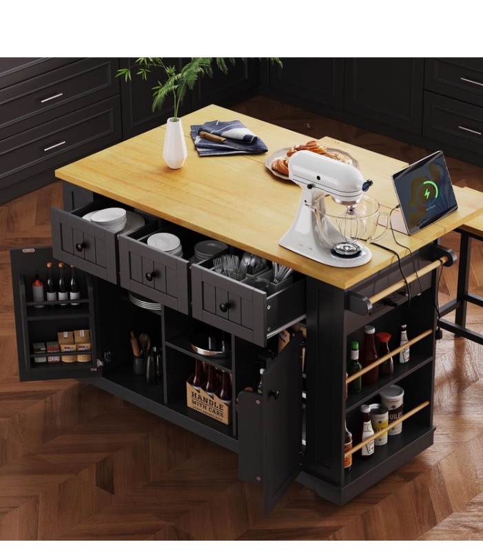 Photo 1 of 50 in Kitchen Island with 2 Bar Stools, Power Outlet,Door Internal Storage Rack,Kitchen Island on 5 Wheels with Drop Leaf,5 Open Side Racks,3 Drawers (Black,Without Stools)