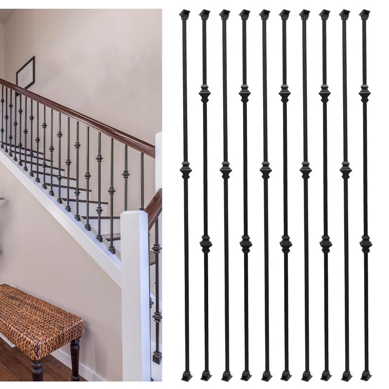Photo 1 of 10-Pack Iron Balusters – 1/2" Square Metal Stair Spindles, Hollow Double & Single Knuckle Design with 20 Swivel Shoes, Wrought Iron Staircase Balusters for Indoor & Outdoor Railing
