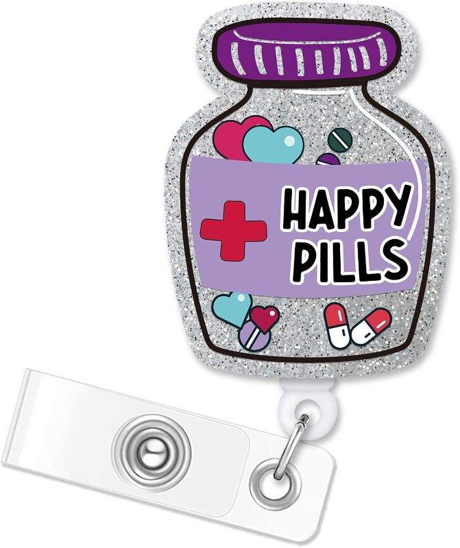 Photo 1 of ERHACHAIJIA Happy Pills Retractable Silver Glitter Badge Reel with Clip, Funny Medicine Bottle ID Card Badge Holder Gift for Nurses Doctors Pharmacy Worker Nursing Student Healthcare Social Worker