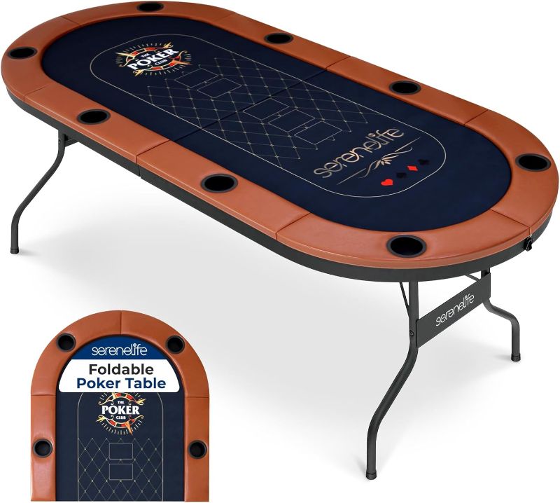 Photo 1 of ***LEG & CABLE IS DAMAGED***   SereneLife 6ft Foldable Poker Game Table, 8 Player Casino Style Oval Card Table with Cushioned Rails, 8 Cup Holders, Metal Legs, Water-Resistant, Felt-Surface, Games Table 71.65"x32.28"x29.13" Inch
