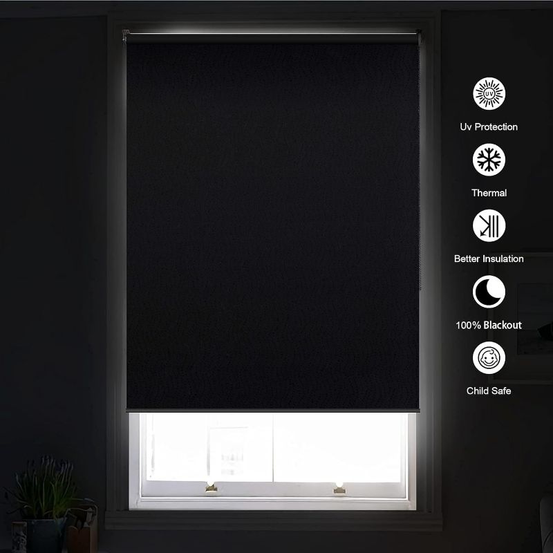 Photo 1 of 100% Blackout Roller Window Shades, Striped Jacquard Window Blinds with Thermal Insulated, UV Protection Waterproof Fabric, Roll up and Down Shades Home( black - 46" W x 72" H)