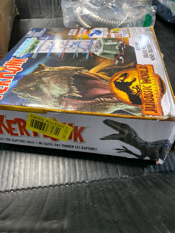 Photo 1 of (Used)(unknown if complete) Mattel Games KerPlunk Jurassic World Dominion Kids & Family Game with Velociraptor Dinosaurs, Tower, Sticks, Die & Stickers