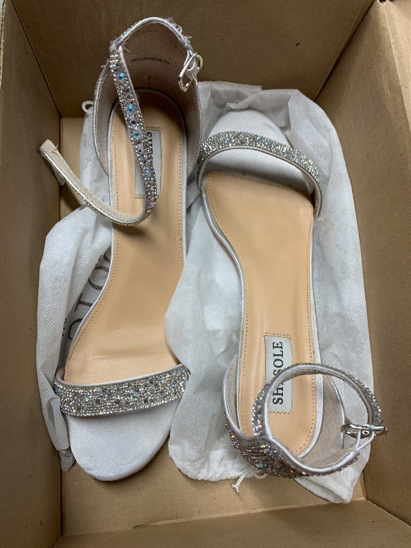 Photo 1 of (used)(damaged)(see images) SheSole Women's Open Toe Strappy Low Block Heel Bling Rhinestone Sandals for Wedding Bride Dress Shoes Silver US Size 11