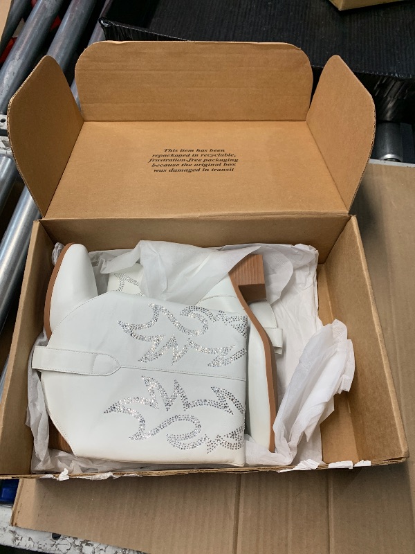 Photo 1 of (39) (USED/FAIR) (NARROW) STALOV White Cowboy Boots for Women Glitter Sparkly Rhinestone Cowgirl Boots Low Heel Pull On Knee High Western Boots (size 39)