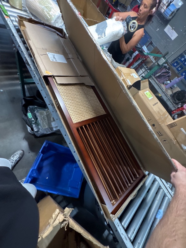 Photo 1 of (USED/FAIR) (PARTAIL SET) Deco 79 Wood Partition Room Divider Screen Arched 3 Panel Privacy Screen with Slatted Wood Base and Tan Rattan Panels, Room Partition 49" x 1" x 67", Dark Brown