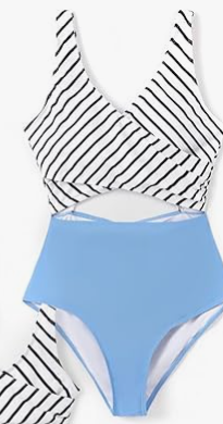 Photo 1 of (PARTIAL SET) (BAGGED) (SMALL)  PATPAT Family Matching Swimsuits Couples Cutout One Piece Spliced Striped Lines Print Monokinis Quick Dry Beach Wear High Waist Bathing Suits- Blue Stripe Women S