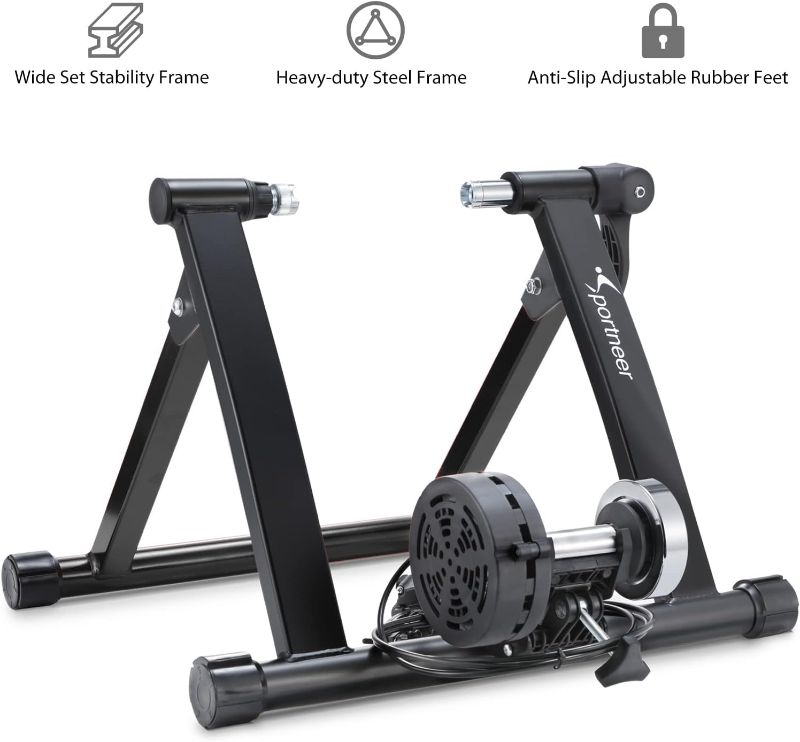 Photo 1 of (PARTIAL SET) Sportneer Bike Trainer - Magnetic Stationary Bike Stand for 26-28" & 700C Wheels - Adjustable 6 Level Resistance Indoor Bike Trainer Stand with Quick Release Lever & Front Wheel Riser Block - Blue