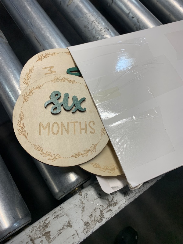 Photo 1 of **SOME SIGNS ARE CHIPPED** 7 Pcs Baby Monthly Milestone Cards Sign, Double Sided 3D Baby Milestone Signs Baby Growth Cards Milestone Wooden Circles for Baby Boy Girls 1-12 Months Baby Milestone Pictures (Double Sided)
