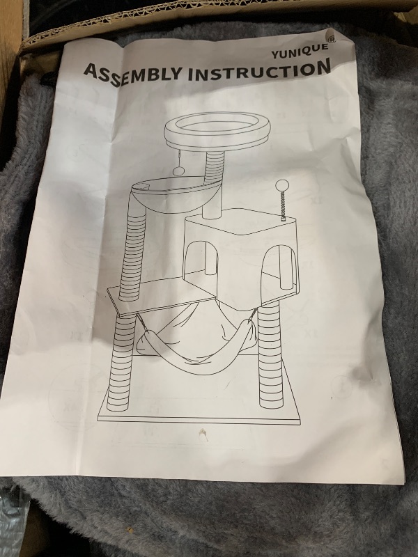 Photo 1 of (broken base)(sold for parts only) YUNIQUE Cat Tree with Cat Condo and Big Hammock, Grey