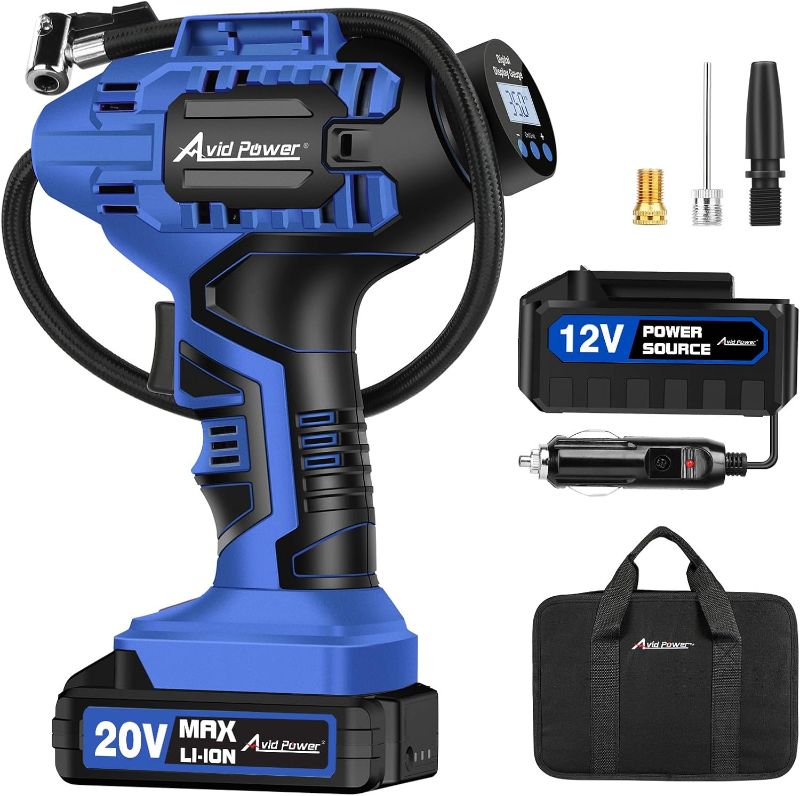 Photo 1 of  Tire Inflator Portable Air Compressor, 20V Rechargeable Battery Tire Pump w/ 12V DC Power Adapter, Digital Pressure Gauge, Auto Air Pump for Many Inflatables (Blue)