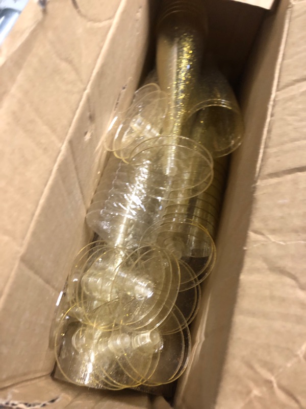 Photo 1 of (used)(incomplete)(some are damaged) Oasis Creations Plastic Champagne Flute Glasses Set (100 count) 4.5 ounce - Gold Glitter Stem Cups- 2 Pieces- Ideal for Birthday Party