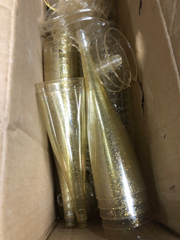 Photo 1 of (used)(incomplete)(some are damaged) Oasis Creations Plastic Champagne Flute Glasses Set (100 count) 4.5 ounce - Gold Glitter Stem Cups- 2 Pieces- Ideal for Birthday Party