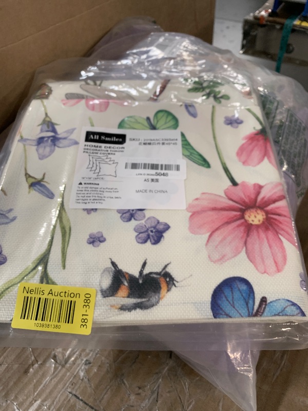 Photo 1 of All Smiles Outdoor Patio Throw Pillow Covers 18x18 Set of 4 Spring Summer Garden Flowers Farmhouse Décor Outside Furniture Bench Chair Decorative Cushion Cases for Swing Deep Seat Bed Couch Sofa