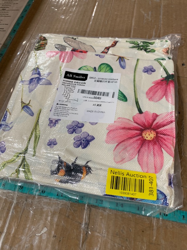 Photo 1 of All Smiles Outdoor Patio Throw Pillow Covers 18x18 Set of 4 Spring Summer Garden Flowers Farmhouse Décor Outside Furniture Bench Chair Decorative Cushion Cases for Swing Deep Seat Bed Couch Sofa