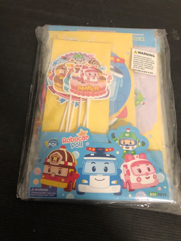 Photo 1 of Robocar Poli Birthday Party Supplies [2-Pack] – Happy Birthday Banner, Garland, Cake & Cupcake Toppers, Cone Hats Set for Kids | Party Decorations for Boys & Girls