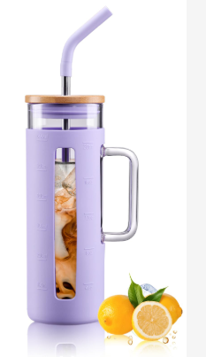 Photo 1 of Kodrine Glass Tumbler with Lid and Straw, 20 oz Glass Coffee Tumbler with Handle, Smoothie Cup with Bamboo Lid, Time Marker, Silicone Sleeve, Reusable Iced Coffee Cup BPA Free -  Purple