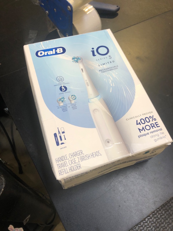 Photo 1 of Oral-B iO Deep Clean Rechargeable Electric Powered Toothbrush, White with iO Series 3 Limited, 2 Brush Heads and Travel Case - Pressure Sensor to Protect Gums - 3 Cleaning Settings - 2 Minute Timer