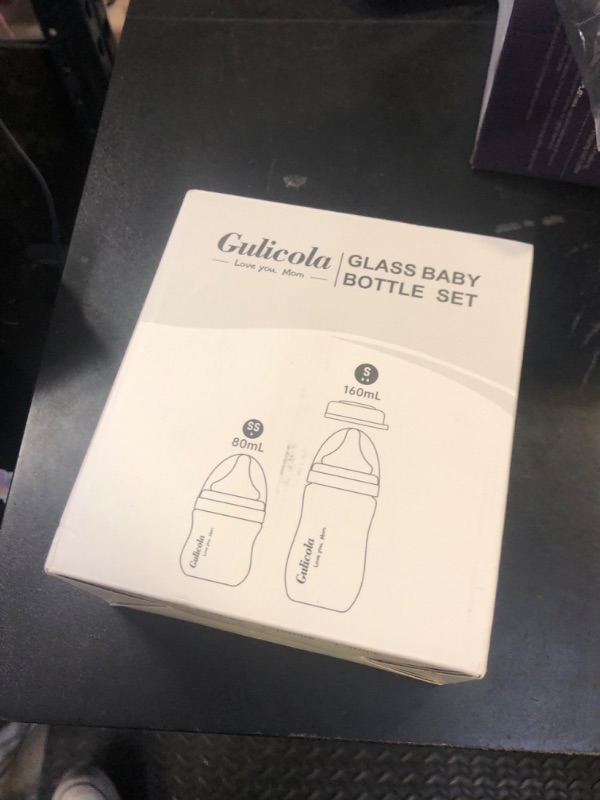 Photo 1 of Gulicola Natural Glass Baby Bottle Newborn Set, 3 oz and 5 oz with Extra Slow Flow & Slow Flow Nipple, Anti Colic, 0-3 Months, 2 Pack - White