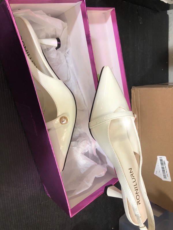Photo 1 of 7---RONILURN Women Kitten Heels Slingback Low Heel Pumps Dress Shoes for Women Closed Pointed Toe Pearl Heels for Work Wedding Bridal