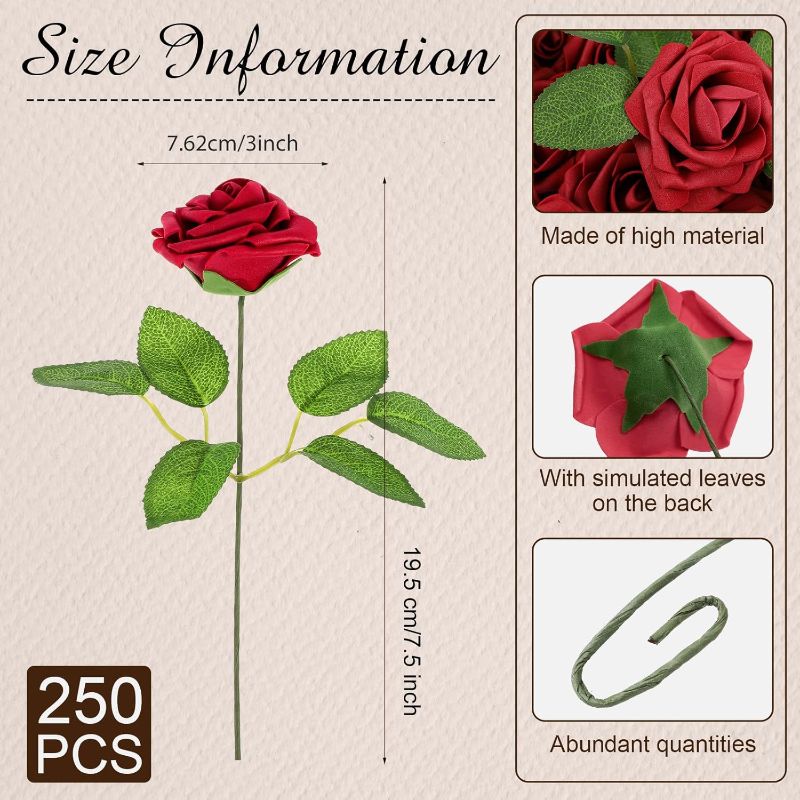 Photo 1 of Sherr 250 Pcs Artificial Roses Flowers Bulk Fake Rose with Stem Faux Bridal Flower Centerpiece for Wedding Mother's Day Bridal Shower Party DIY Bouquet Arrangement Garland Home Decor(Burgundy)