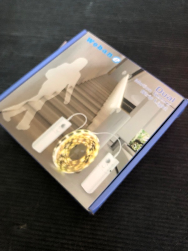 Photo 1 of WOBANE Dual Motion Sensor Stair Lights Strip, Rechargeable 16.4ft LED Strip Lighting,150 LEDs Cuttable Tape Light for Hallway,Under Cabinet,Cupboard,Shelves,Gun Safe,Flexible,6000K White
