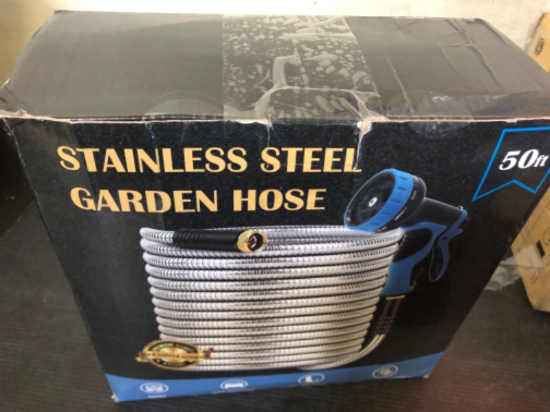 Photo 1 of Garden Hose 50FT, Water Hose with 10 Function Nozzle, Garden Hose Metal with Leak-proof Connectors, Kink-Free & Ultra Flexible, Rust/Pet/Puncture Proof for Lawn, Yard, RV, Car Wash, 550PSI