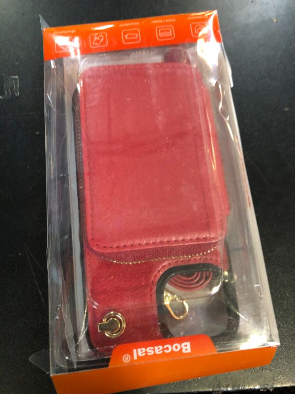 Photo 1 of Bocasal Crossbody Wallet Case for iPhone 15, RFID Blocking Leather Purse Case with Card Holder, Protective Handbag Flip Cover with Zipper Wrist Strap Lanyard for Women 5G 6.1 Inch (Red)