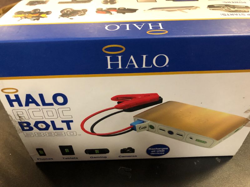 Photo 1 of HALO Bolt 58830 ACDC Portable Car Battery Jump Starter | 58.8Wh USB Power Bank with AC Outlet, Emergency Floodlight & Charger, Jumps Cars SUVs & Trucks, Powers Phones & Laptops, TSA Approved — Black
