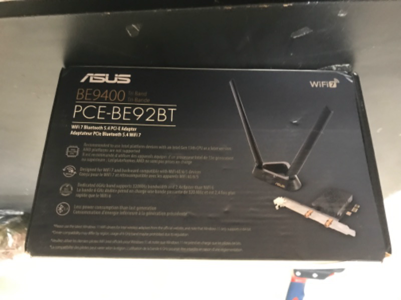 Photo 1 of ASUS PCE-BE92BT WiFi 7 PCI-E Adapter with 2 External Antennas. Supporting 6GHz Band, 320MHz, Bluetooth 5.4, WPA3 Network Security, OFDMA and MU-MIMO, only Compatible with Intel motherboards