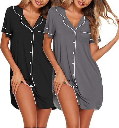 Photo 1 of Ekouaer Nightgowns for Women 2 Pack Button Down Sleepwear Short Sleeve Sleepshirts Soft Nightshirts Boyfriend Pajama Dress
