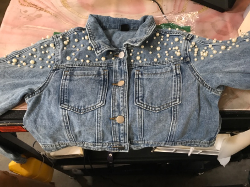 Photo 1 of Pearls Beading Denim Jacket for Girls Fashion Coat Baby Girls Clothes Outerwear Long Sleeve Jean Coat