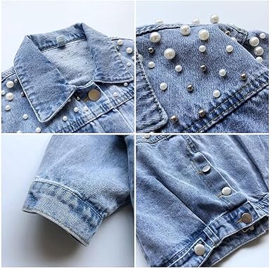 Photo 1 of Pearls Beading Denim Jacket for Girls Fashion Coat Baby Girls Clothes Outerwear Long Sleeve Jean Coat
