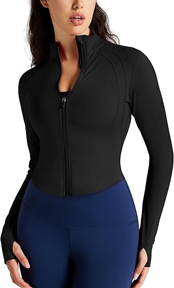 Photo 1 of QUEENIEKE Women's Cropped Workout Jackets - Zip Up Long Sleeves Athletic Yoga Slim Fit BBL Running Jacket with Thumb Holes