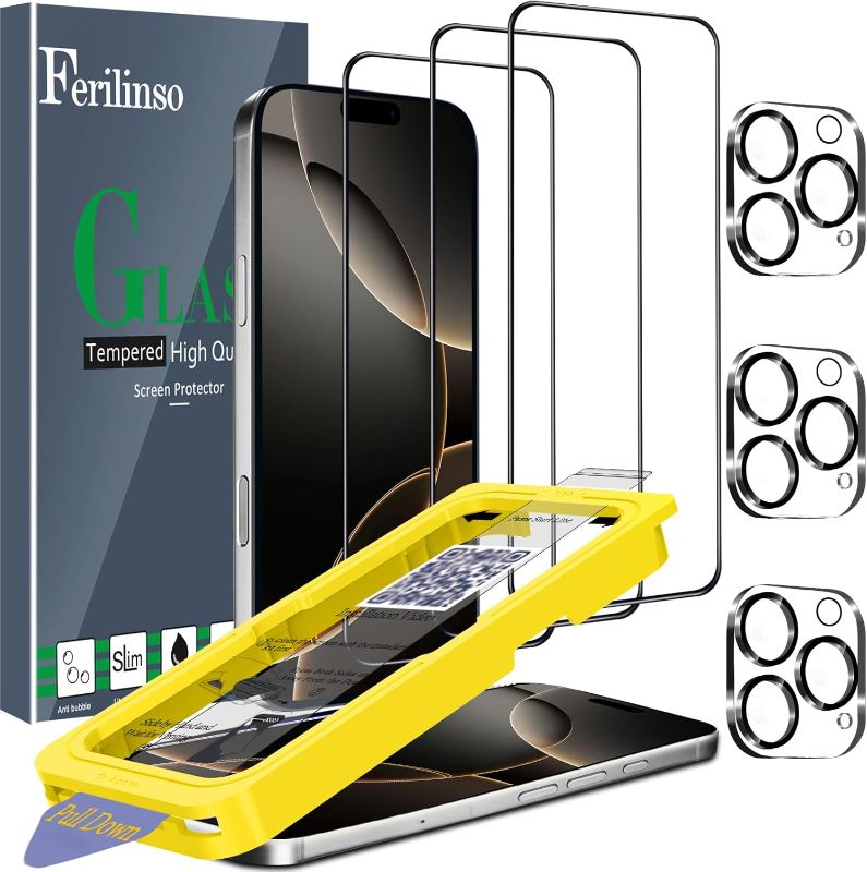 Photo 1 of Ferilinso [Auto Dust Install] 3 Pack Screen Protector for iPhone 16 Pro Max [Phone Case fit], 3 Tempered Glass Camera Lens Protector Accessories for Apple
