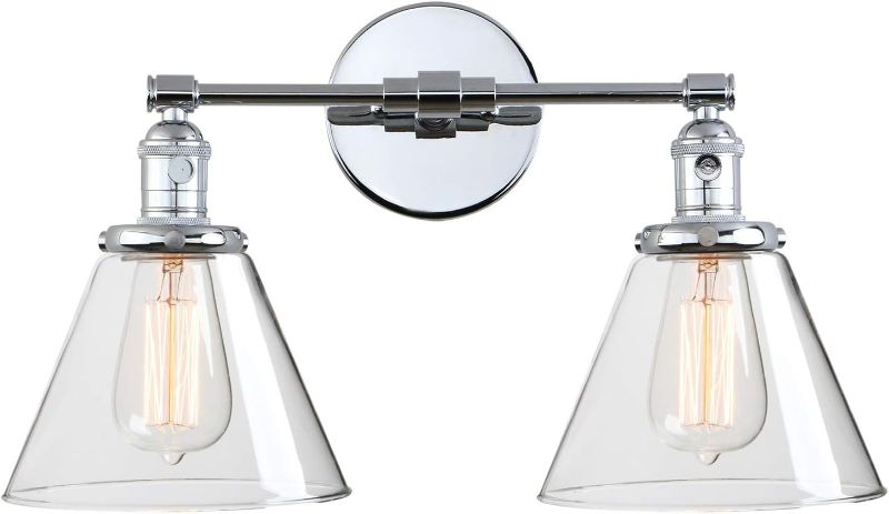 Photo 1 of Phansthy 2-Light Wall Sconce Industrial Dual-Light Wall Light with Dual 7.3 Inch Cone Glass Lampshade(Chrome)